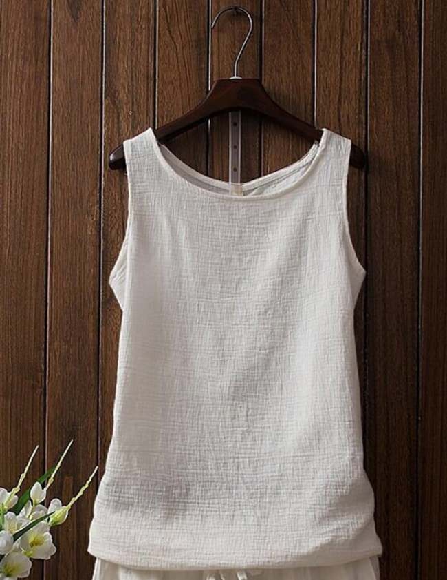 Women's Vintage Cotton Linen Solid Color Suspender T-shirt