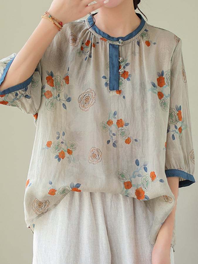 Cotton Casual Floral Mid Sleeve Frog Button Contrast Color Shirt