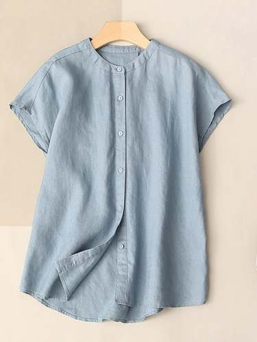 Solid Color Stand Collar Loose Short Sleeve Cotton Linen Shirt