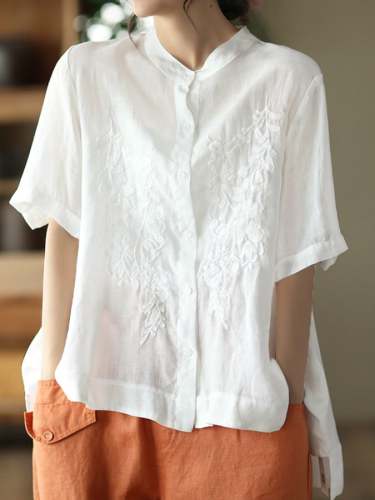 Cotton Floral Embroidered Button Up Loose Shirt