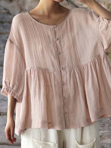 Fashion Cotton Linen Loose Short-Sleeved Shirt