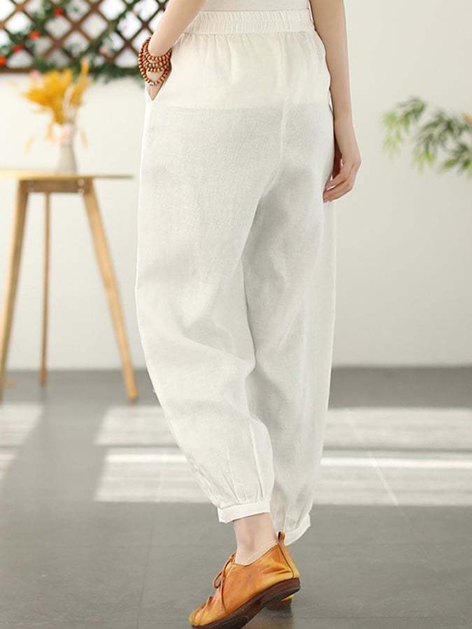 Cotton Linen Lace Stitching Elastic Waist Slim Casual Pants