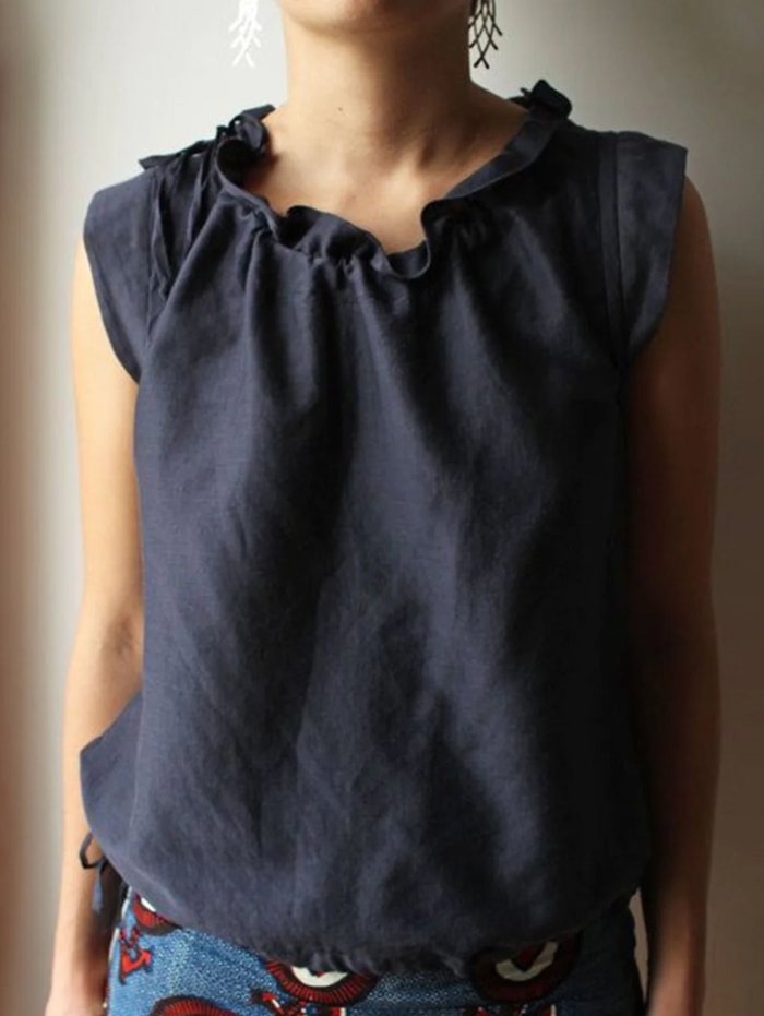 Casual Plain Frill Neck Cap Sleeve Loose Tank Top