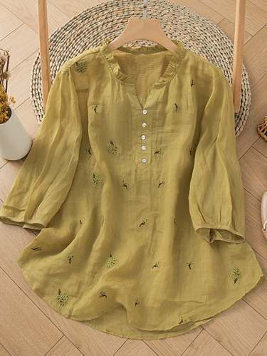 Solid Color Embroidered Button Casual Top