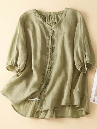Cotton Linen Embroidered V-neck Casual Top