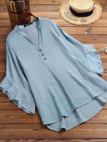 Cotton Linen V-neck Ruffled Casual Top