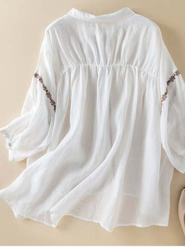Fashion Embroidered Lapel Loose Cotton Linen Shirt