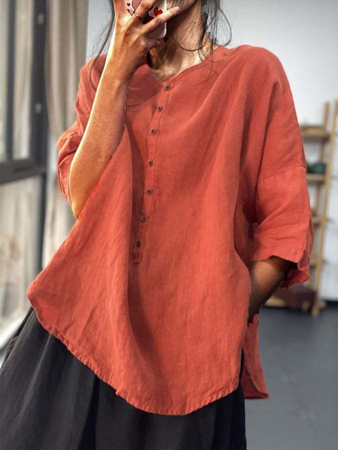 Women's Loose Casual Cotton Linen Shirt With Irregular Hem And Seven Point Sleeves