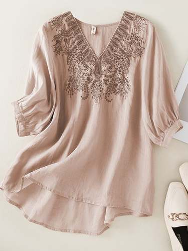 Embroidered Lantern Sleeves Cotton Linen Top