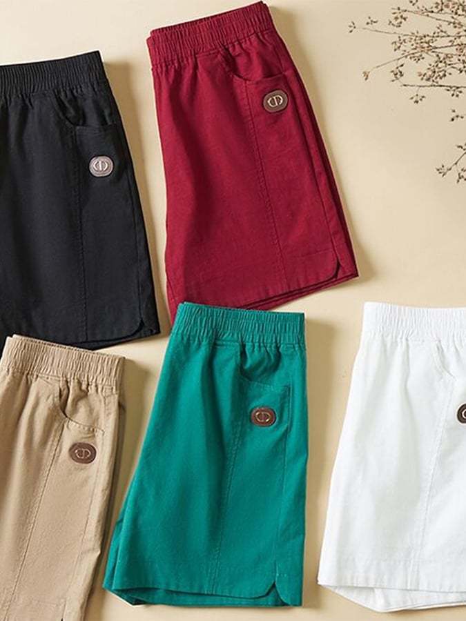 Cotton And Linen Elastic Waist Versatile Straight Shorts