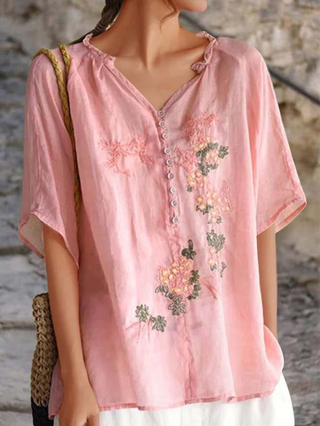 V-Neck Mid Sleeve Side Of Fungus Embroidery Shirt