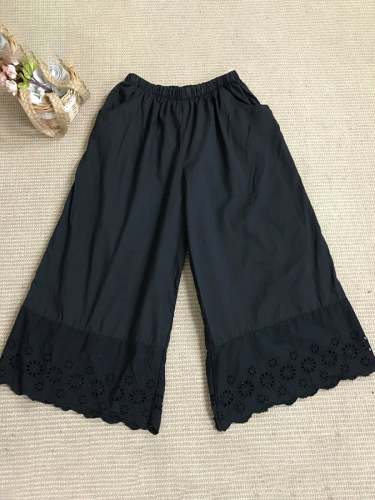 Cotton And Linen Embroidered Floral Hollow Stitching Elegant Commuter Wide-leg Pants