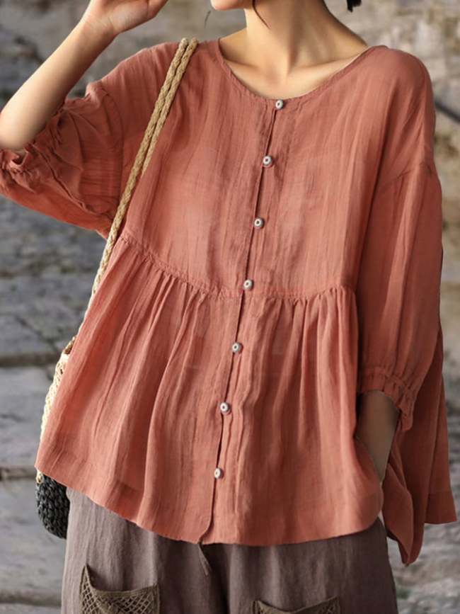 Fashion Cotton Linen Loose Short-Sleeved Shirt