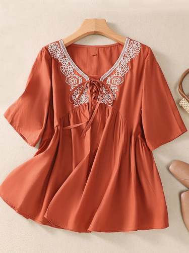 Trendy Embroidered Short Sleeve Cotton Linen Shirt