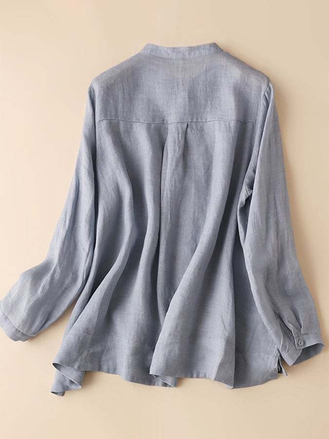 Cotton And Linen Embroidered Long Sleeved Standing Collar Shirt