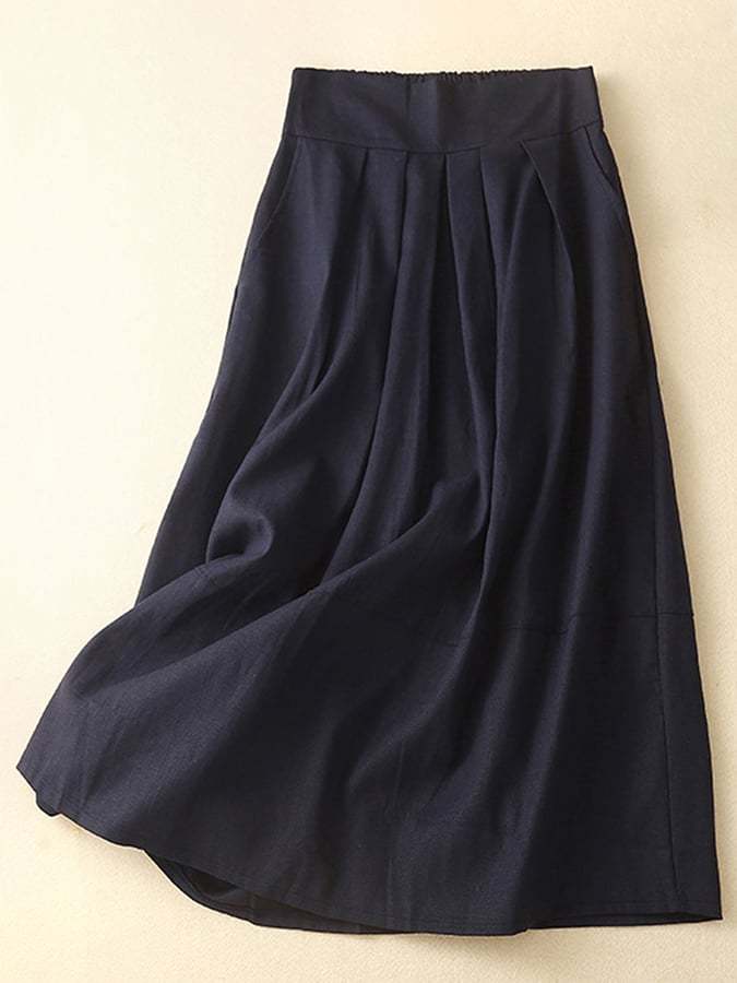 Cotton Linen Half Elastic Waist Casual Skirt