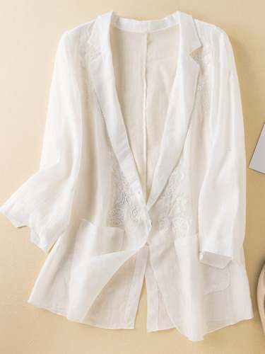Cotton Linen Solid Color Embroidered Casual Jacket Thin Suit