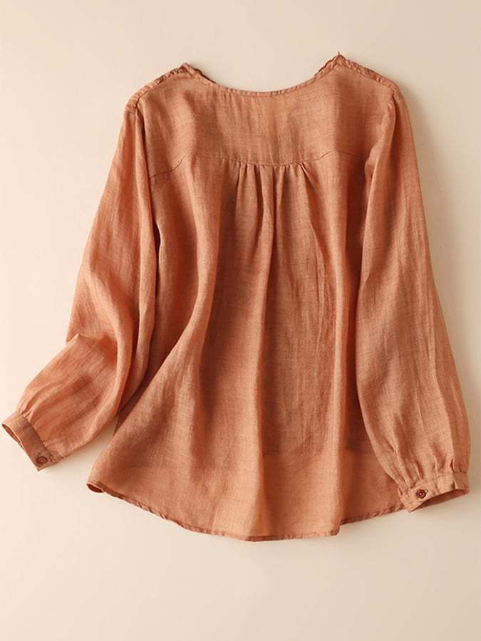 Cotton And Linen  Loose V-neck Embroidered Long Sleeve Shirt