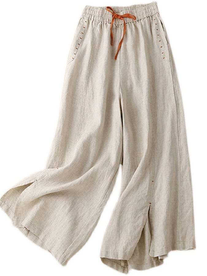 Cotton And Linen Contrasting Color Drawstring Slit Loose Casual Pants