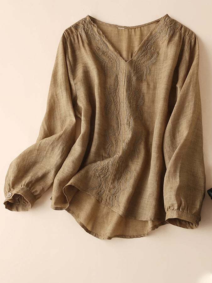Cotton And Linen  Loose V-neck Embroidered Long Sleeve Shirt