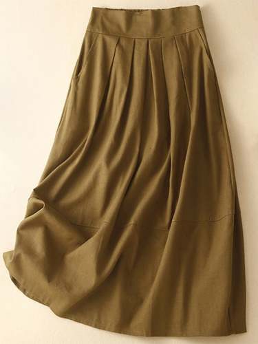 Cotton Linen Half Elastic Waist Casual Skirt