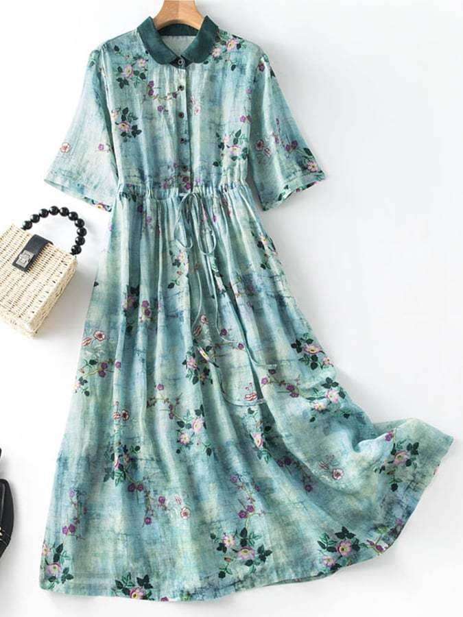 Cotton Linen Floral Waistband Loose Large Hem Dress