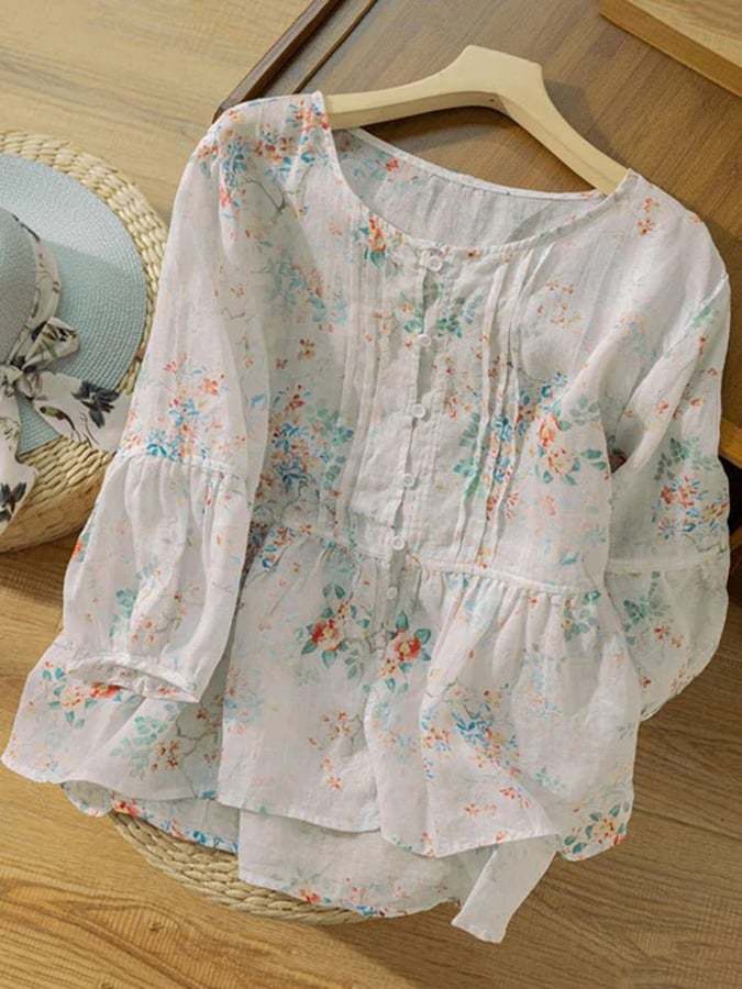 Women'S Ramie Floral Crew Neck 3/4 Sleeve Loose Blouse