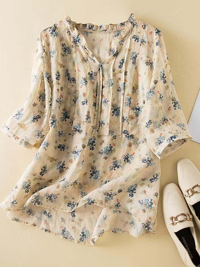 Fashion Retro Loose Print V-Neck Shirt