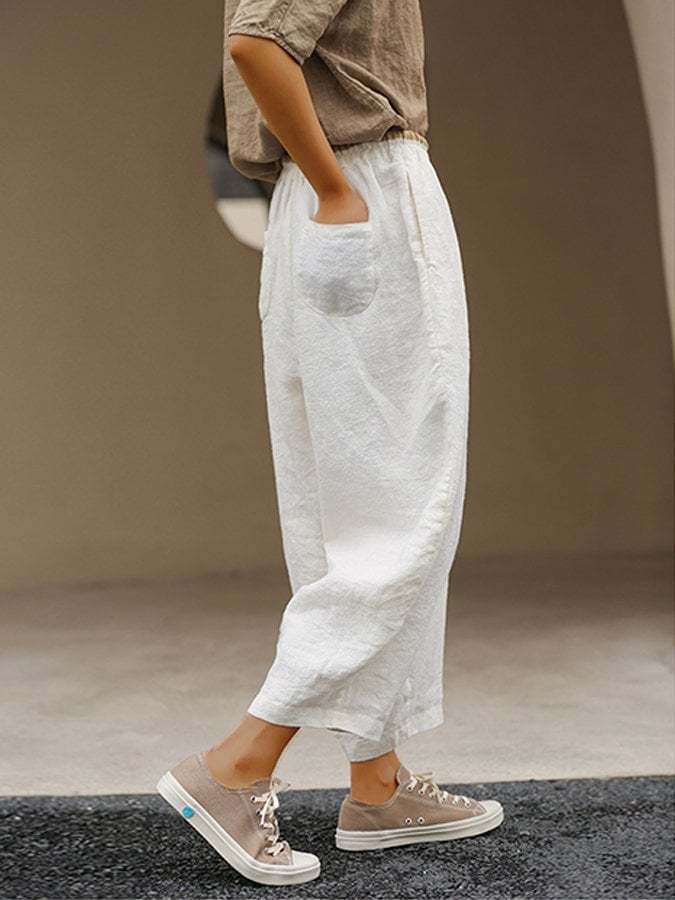Cotton And Linen Color Contrast Stitching Elastic Waist All-match Slim Casual Pants