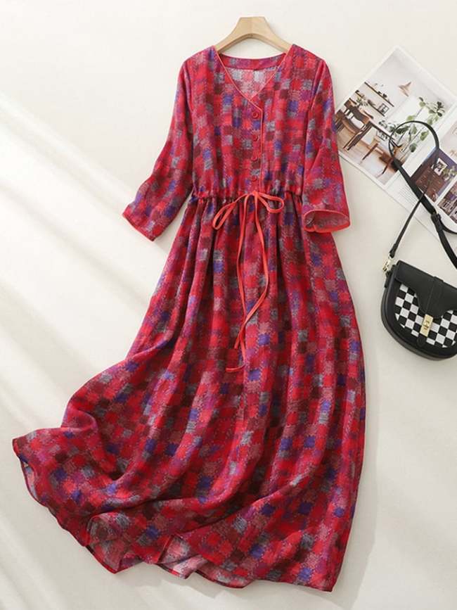 Ethnic Style Cotton Linen Printed Half Sleeve Dress