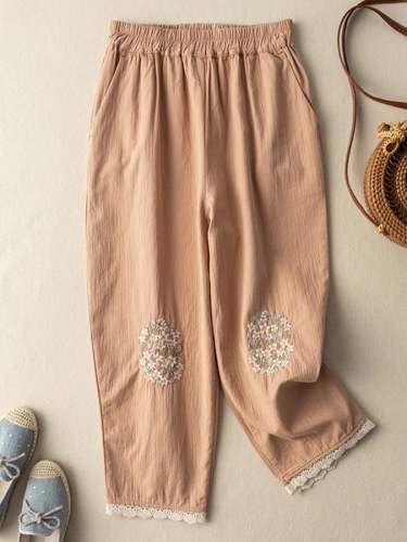 Cotton And Linen Floral-embroidered Lace-paneled Track Pants