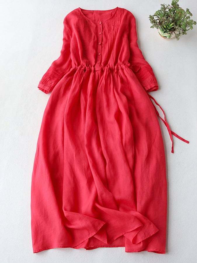 Medium Sleeved Cotton Linen Loose Lace Up Pleated Large Swing Dress