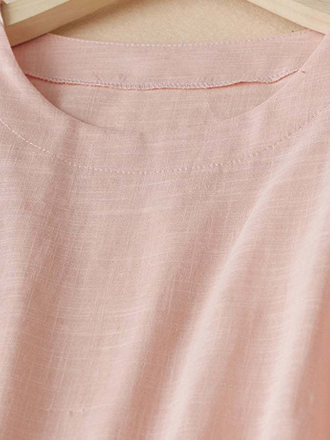 Cotton Linen Solid Color Round Neck Short Sleeve Dress