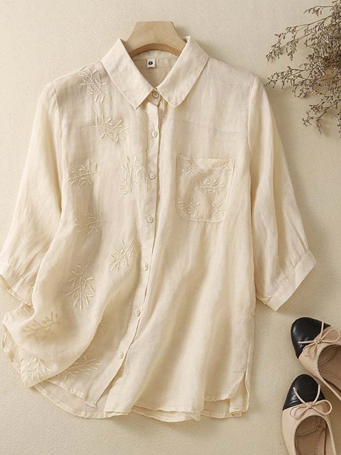 Loose Casual All-Match Embroidered Cotton Linen Shirt