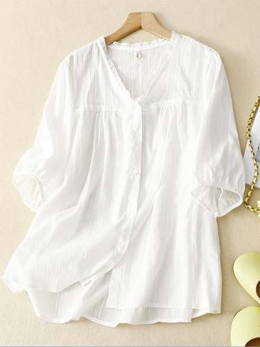 Polo Collar Long Sleeved Vintage Cotton Linen Embroidered Shirt