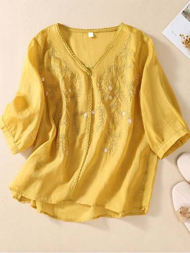 Embroidered Loose Cotton And Linen Top