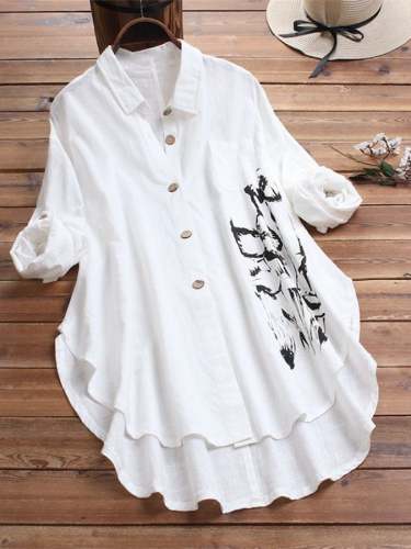Cotton And Linen Irregular Printed Long-sleeved Lapel Shirt