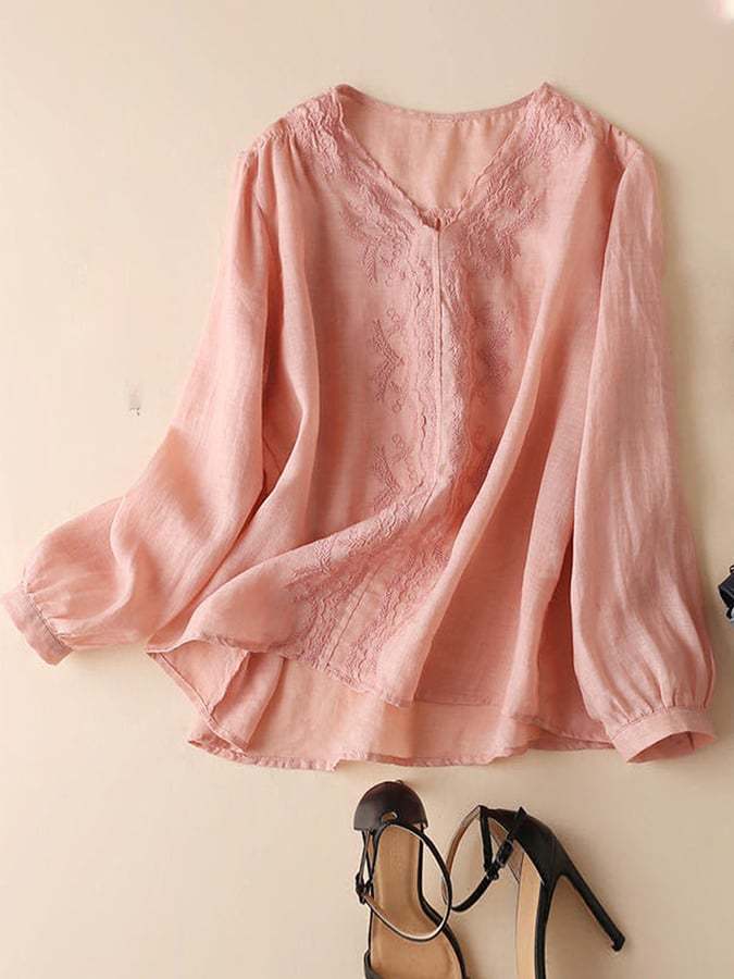 Cotton And Linen  Loose V-neck Embroidered Long Sleeve Shirt