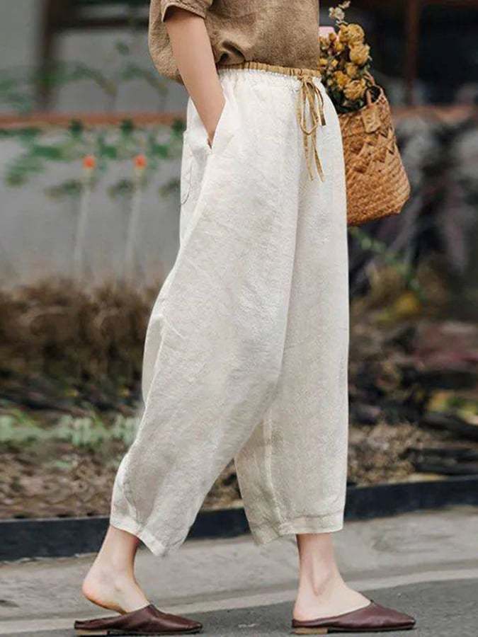 Cotton And Linen Color Contrast Stitching Elastic Waist All-match Slim Casual Pants