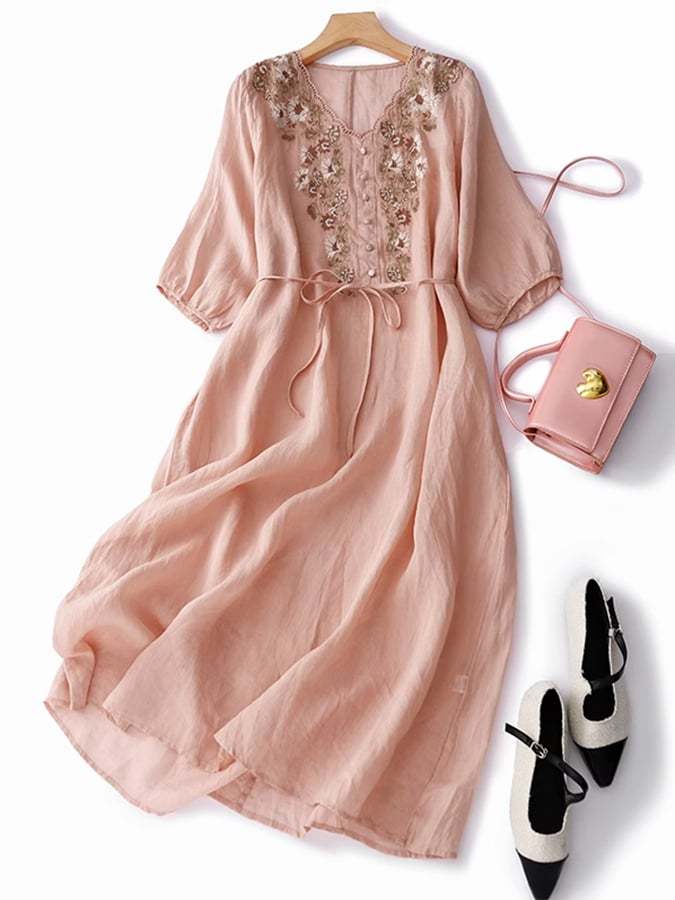 Solid Embroidered V-Neck Tie Up Dress