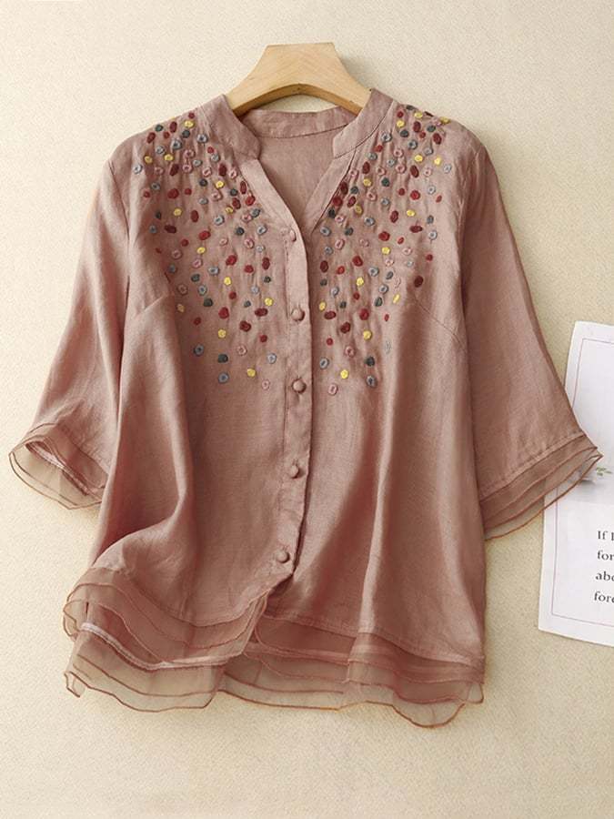 Literary Retro Loose All-Match Mesh Stitching Embroidery V-Neck Shirt