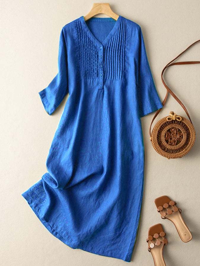 Cotton And Linen V-Neck Pleated Loose Dress