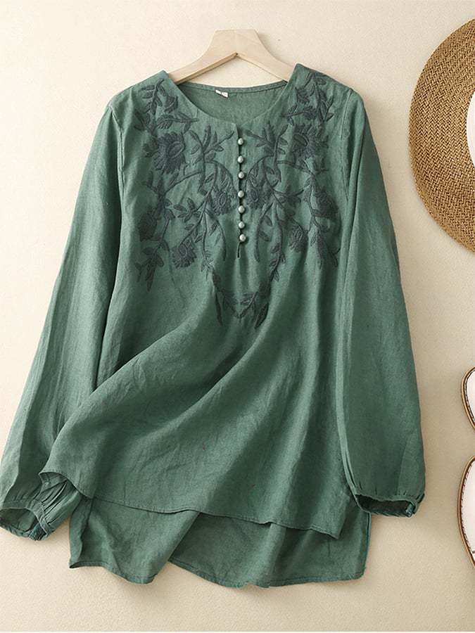Cotton And Linen Embroidered Versatile Shirt