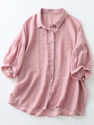 Cotton Linen Lapel Solid Color Casual Shirt