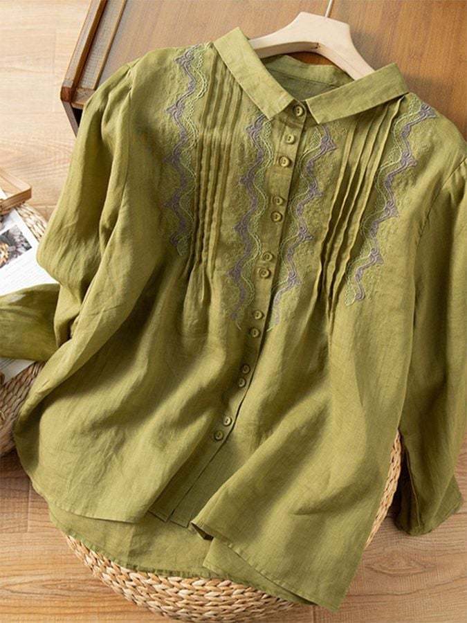 Polo Long Sleeved Vintage Cotton Linen Embroidered Shirt