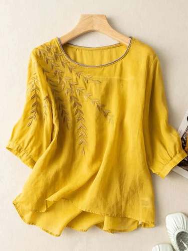 Women'S Round Neck Embroidery Casual Short Sleeve Solid Color Linen Blouse