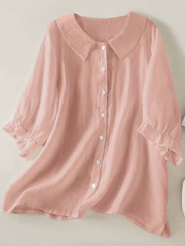 Cotton And Linen Solid Color Five-Quarter Sleeve Lapel Loose Shirt
