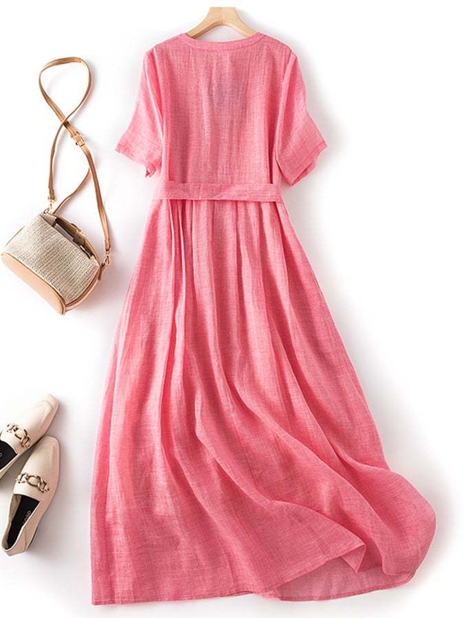 Ethnic Pleated Waistband Cotton Linen Dress