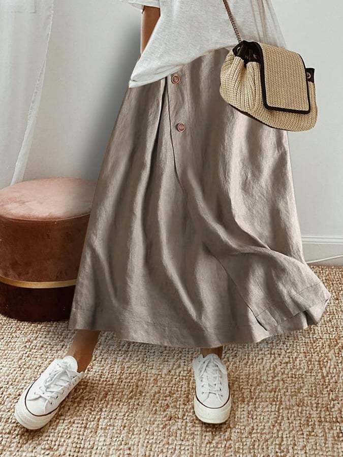 Cotton Linen Button Half Elastic Waist Casual Skirt