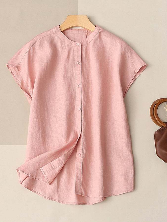 Solid Color Stand Collar Loose Short Sleeve Cotton Linen Shirt